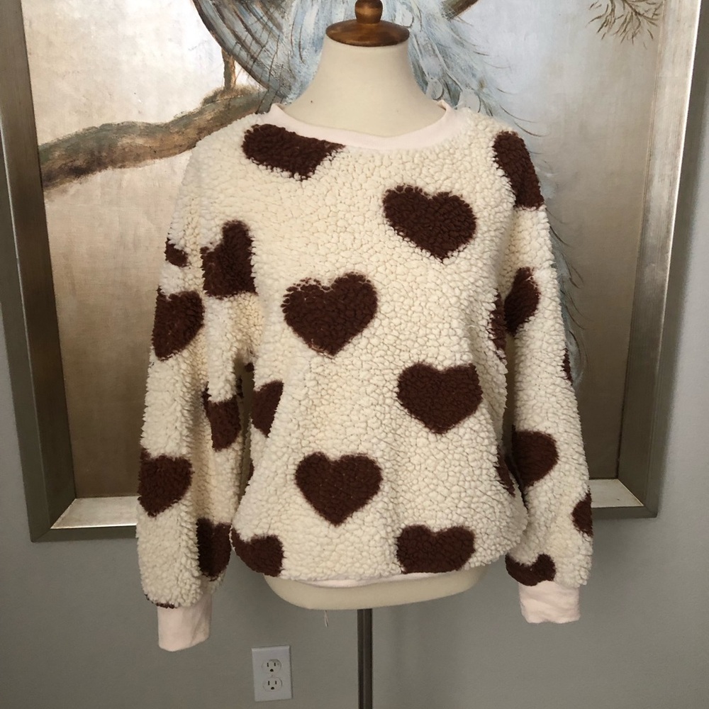 Cozy Fuzzy Faux Teddy Bear Soft Heart Pullover Crew Sweater Shirt Sweatshirt